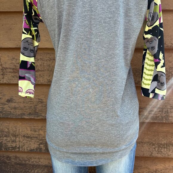 Raglan Style Grey Shirt With Halloween-Themed Graphic Sleeves & 3/4 Length Desig - Picture 7 of 8